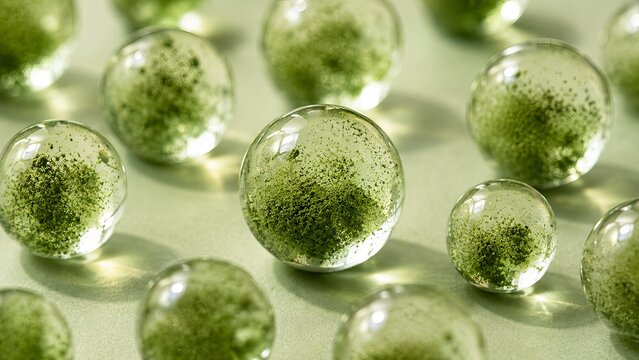 Matcha powder suspended inside clear resin-like spheres on a pale green background