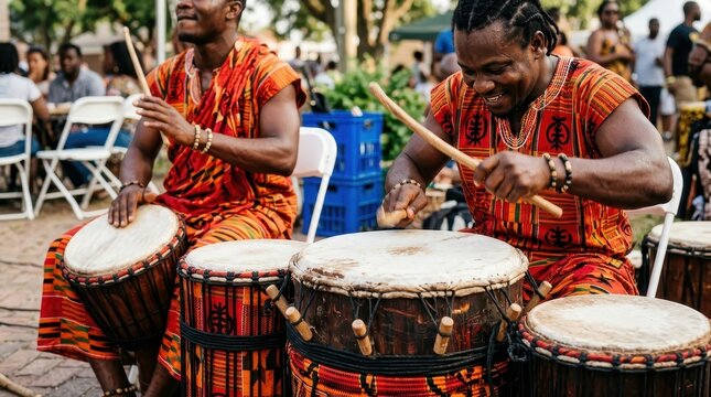 African Drummers in Traditional Attire Performing at an Outdoor Cultural Festival with Djembe Drums