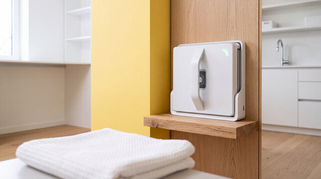 Robotic window cleaner smart home appliance on wooden shelf in modern kitchen interior