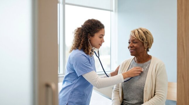 Young nurse listening to elderly patient heartbeat with stethoscope during routine physical checkup at clinic room.