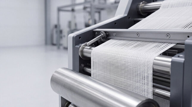 Industrial textile weaving machine producing white woven fabric mesh in clean manufacturing facility