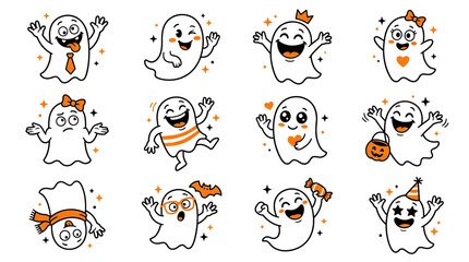 Fototapeta premium Set of cute cartoon ghosts for halloween isolated on transparent background, Halloween, Halloween 2026, Halloween png, Halloween element