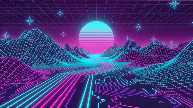 Animation of a digital retro futuristic landscape with neon lights and a sun