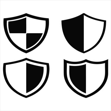 Four black and white shield icons with different geometric divisions on a white background