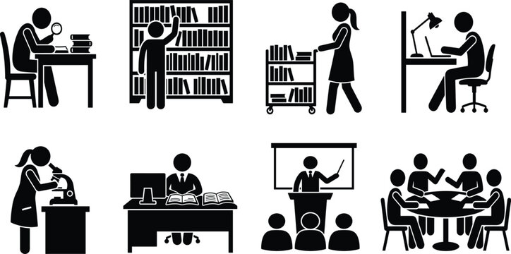 Black Silhouette Vector Illustrations of Academic Research, Teaching, and Collaborative Learning Activities in Education