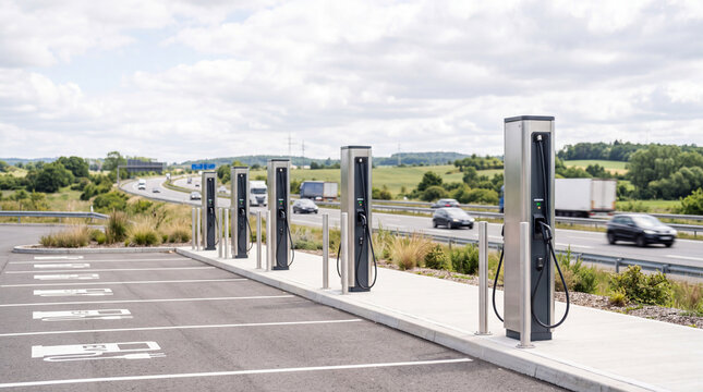 Electric vehicle charging station with multiple chargers beside highway overlooking green countryside
