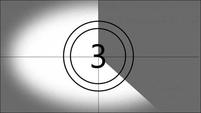 Classic monochrome film leader countdown featuring numbers 8 through 0 inside concentric circles with a rotating clock-hand wipe effect and vintage film grain/glitch artifacts.