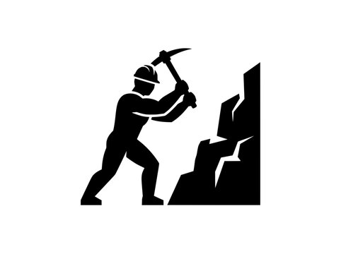 Coal miner silhouette with pickaxe, industrial worker mining rock wall, black and white laborer vector icon for construction and heavy industry