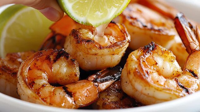 Juicy grilled shrimps in a white bowl getting squeezed with fresh lime for a flavorful seafood dish