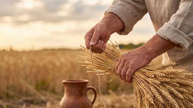 Farmer hands tying a bundle of wheat during golden harvest in a rustic field at sunset