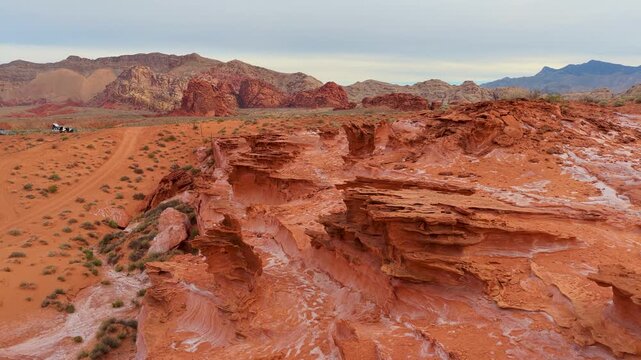 Aerial Red Rock Formations Little Finland Nevada Desert Landscape Fly Through