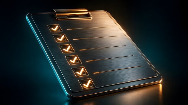 Metallic clipboard with neon checkmarks. Concept of VIP event registration and premium quality assurance checklist.