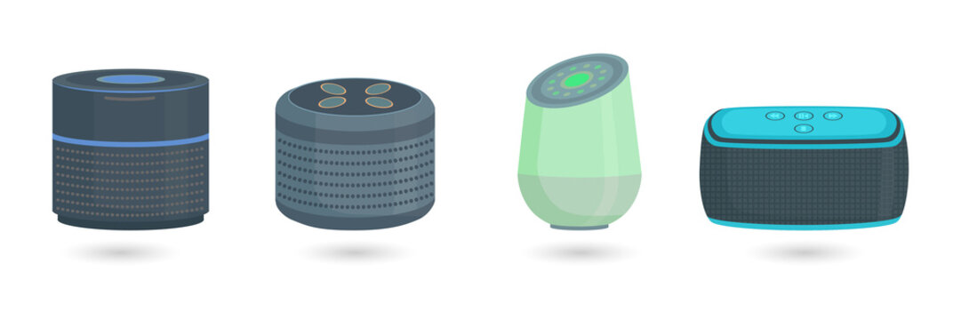 Four smart speaker devices in different colors and designs on transparent background