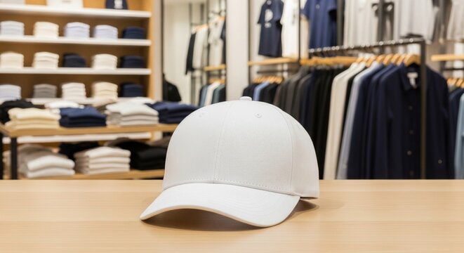 Blank white baseball cap sitting on a wooden surface in a clothing store with blurred apparel racks in the background for retail display