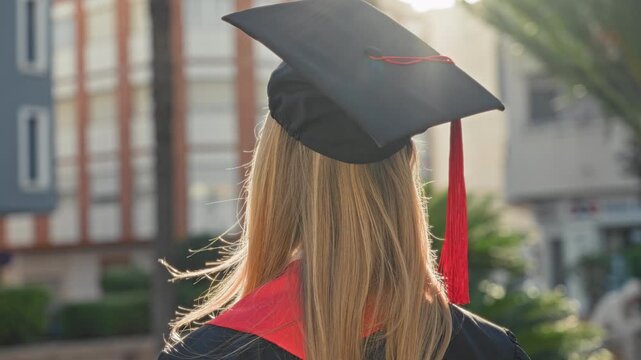 Woman wearing graduation cap with red tassel standing facing away on street in sunlight; pride achievement transition.