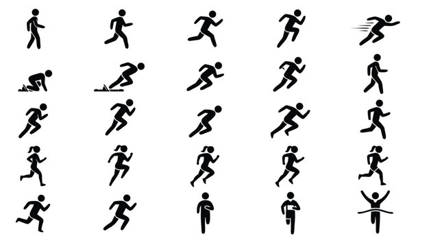 Running and walking stick figure icon set featuring runner positions marathon and sprint symbols vector illustration