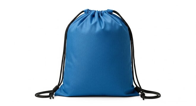 Blue Drawstring Backpack Studio Shot with Black Cinch Cords Isolated on White Background for Sport and Travel Accessory Concepts