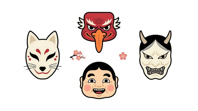 Set of traditional Japanese theater masks including fox tengu demon and hyottoko faces on white background