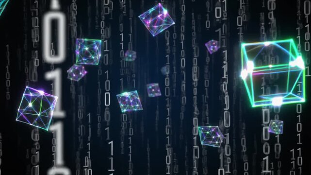 Floating Digital Cubes with Network Connections and Binary Code Background