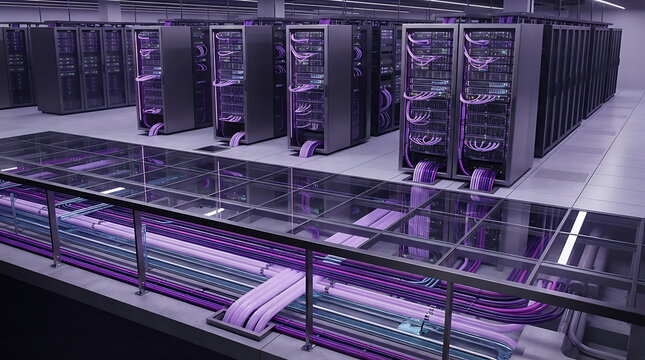 Advanced Data Center Server Room with High-Density Computer Racks, Purple Fiber Optic Cables, Modern Network Infrastructure, Glass Floor Panels, Secure Cloud Computing Technology, 