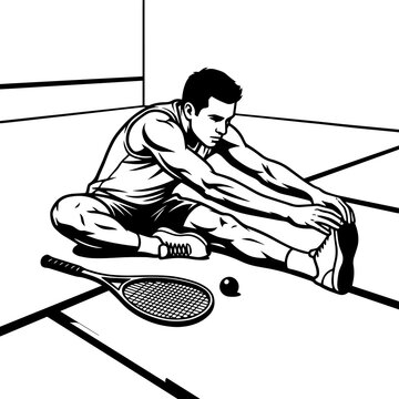 Squash player stretching legs on court floor with racket and ball