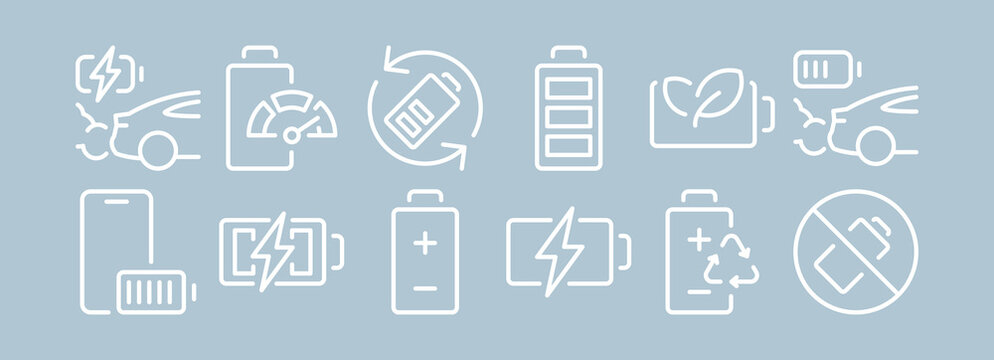 Car battery icons, collision damage symbols, charging bolt indicators, plus minus terminal marks, recycling arrows, no return warranty signs, automotive maintenance elements, service diagnostic set.