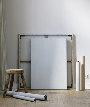 Canvas Mockup in Artist Studio, 3D Render