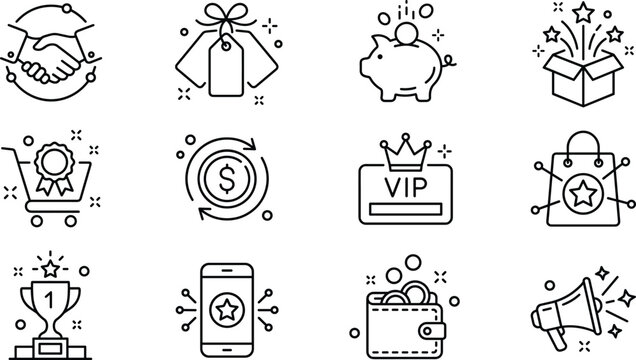 Customer Loyalty Program and Referral Marketing Line Icon Set Featuring Cashback Rewards VIP Badges and Bonus Gift Symbols
