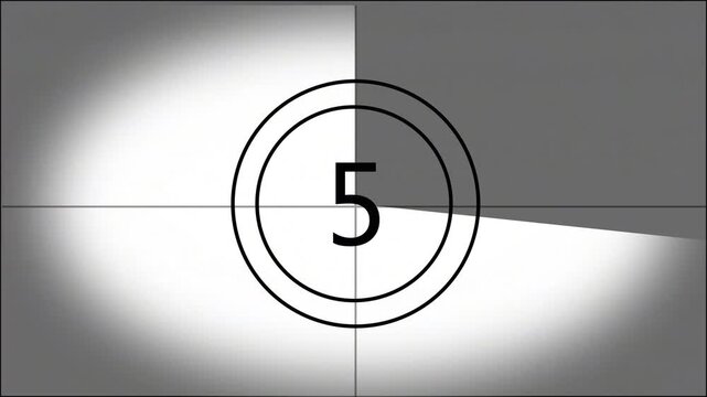 Classic monochrome film leader countdown featuring numbers 0 through 13 inside concentric circles with a rotating clock-hand wipe effect and vintage film grain/glitch artifacts.