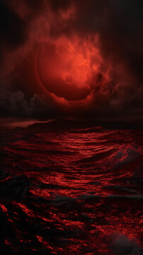 Apocalyptic Black Sun Eclipse Over Crimson Ocean with eldritch solar eclipse hovering over a scarlet reflective ocean