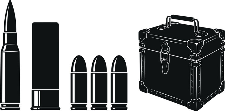 Ammunition and Military Storage Box Silhouette Icon Set with Rifle Cartridge Shotgun Shell and Pistol Bullets