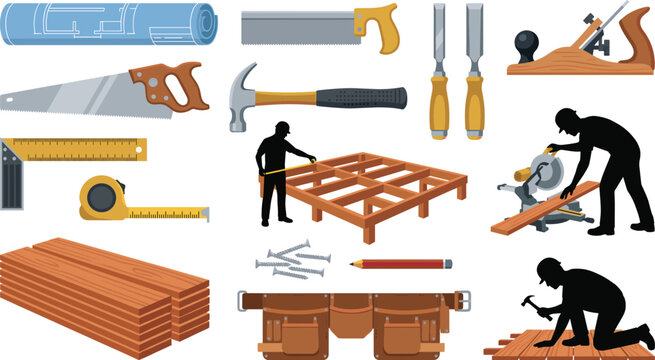 Carpentry and Woodworking Tool Vector Set with Hand Saws Hammer Tool Belt Blueprints and Construction Worker Silhouettes