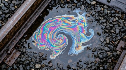 Naklejka premium Colorful iridescent oil sheen floating in water puddle on railroad track ballast for environmental pollution reporting and industrial waste awareness campaign