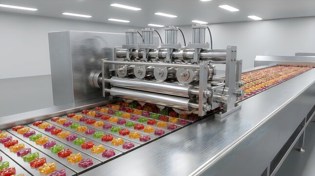 Gummy bears production line in modern candy factory with automated machinery and colorful sweets