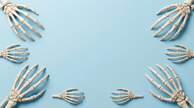 A creative 3d halloween skeleton hand background border featuring multiple bony hands arranged on a soft light blue surface