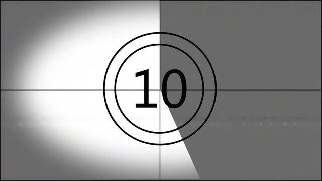 Classic monochrome film leader countdown featuring numbers 15 through 0 inside concentric circles with a rotating clock-hand wipe effect and vintage film grain/glitch artifacts.