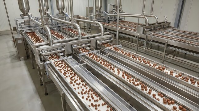 Industrial chocolate production line with conveyor belts and automated machinery in a clean food