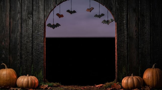 Charred shou sugi ban wood archway gate with hanging bats, ochre pumpkins, and green moss in a Halloween-themed setting