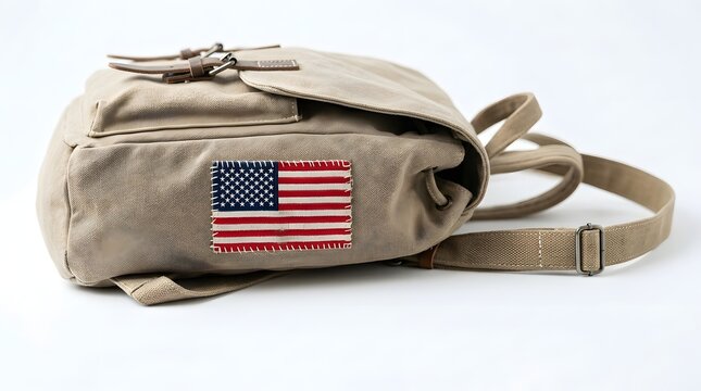 Khaki canvas backpack featuring a stitched American flag patch with adjustable leather straps in a clean minimalist studio photographic style