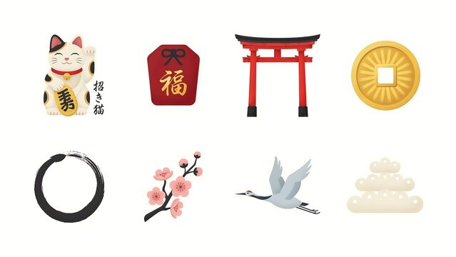Set of traditional Japanese cultural icons and symbols featuring a lucky cat torii gate and crane