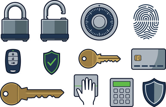 Security and Access Control Vector Icon Set with Padlocks Combination Dials Keys Biometric Scanners and Shield Symbols