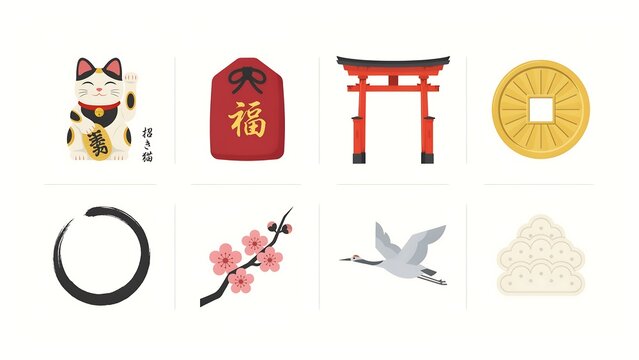 Set of traditional Japanese cultural icons and symbols illustrated in a flat vector graphic style