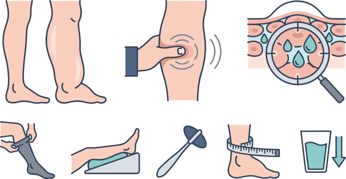 Edema and Leg Swelling Medical Icon Set with Pitting Test, Compression Socks, Elevation, and Diagnosis Symbols