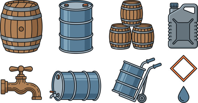 Liquid Storage and Oil Barrel Icon Set with Wooden Casks, Jerrycans, Hand Trucks, and Water Faucet Vector Symbols