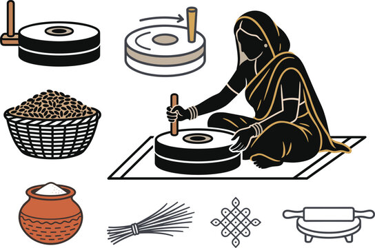 Traditional Indian Woman Grinding Grains with Stone Mill Chakki Vector Illustration Set Featuring Wheat Basket and Kitchen Tools