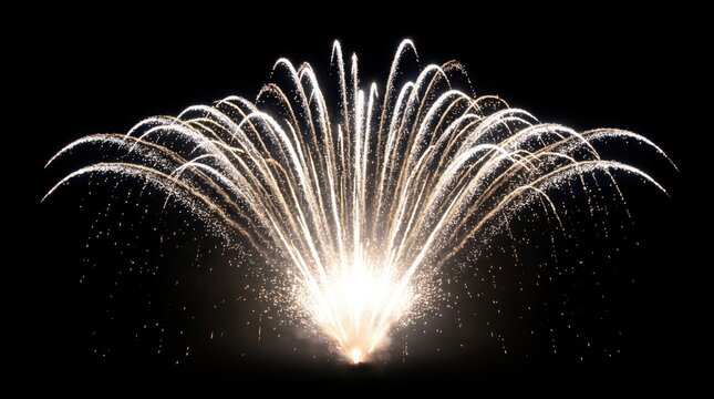 Sparkling golden firework display, bright pyrotechnic explosion, festive celebration light effect for party decorations and holidays.