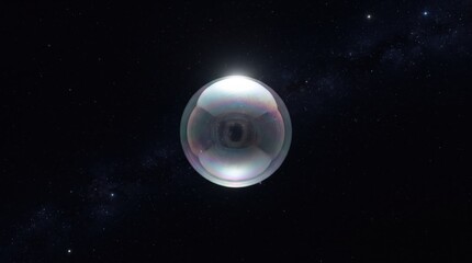 Fototapeta premium Transparent bubble floating in outer space with subtle rainbow reflections on its surface against a dark starry sky background.