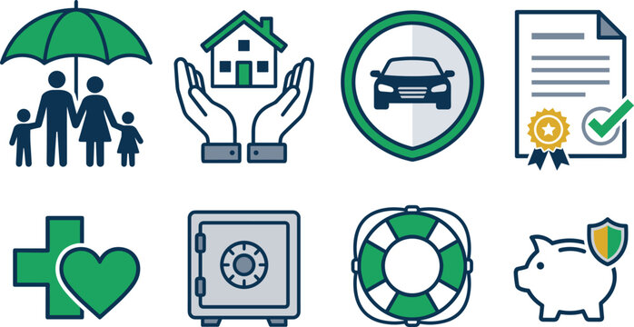 Insurance and Financial Protection Icon Set with Family Umbrella House Car Health Safe and Piggy Bank Symbols