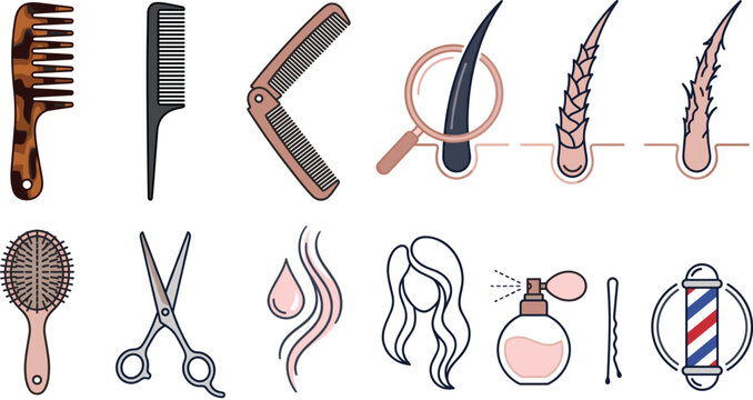 Hair Care and Barbershop Icon Set with Combs, Scissors, Hair Follicle Health, and Salon Equipment Symbols