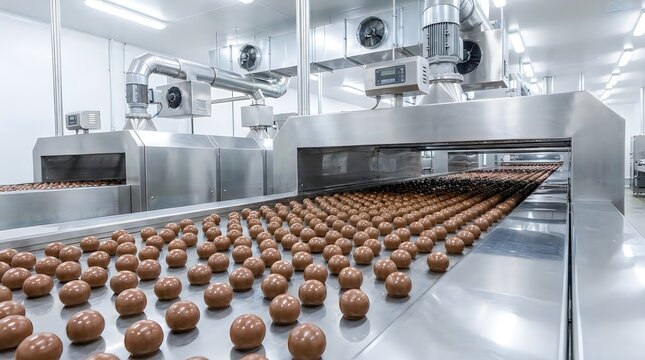Modern chocolate factory production line with automated machinery and conveyor belt processing cocoa